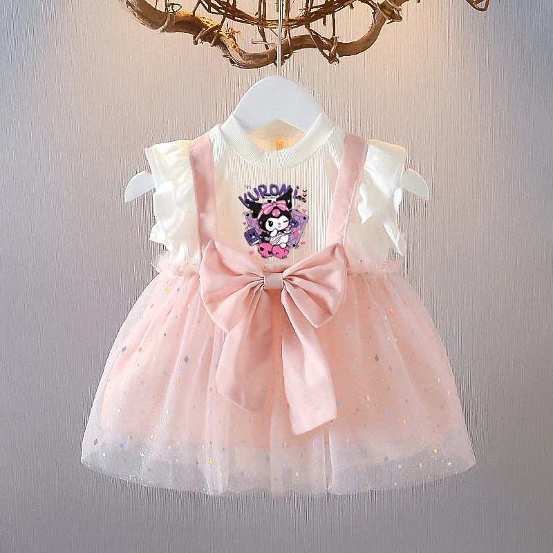 

Kawaii Kuromi платье в сетку для девочек, летние юбки на бретелях в стиле аниме Sanrios, модная пышная юбка принцессы с девчачьим сердечком, подарки