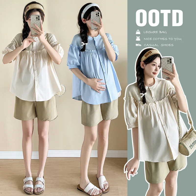 Summer Maternity Set New Fashionable Ruffle Trim Babydoll Blouse With Shorts Versatile Slim Fit Two Piece Outfit Women