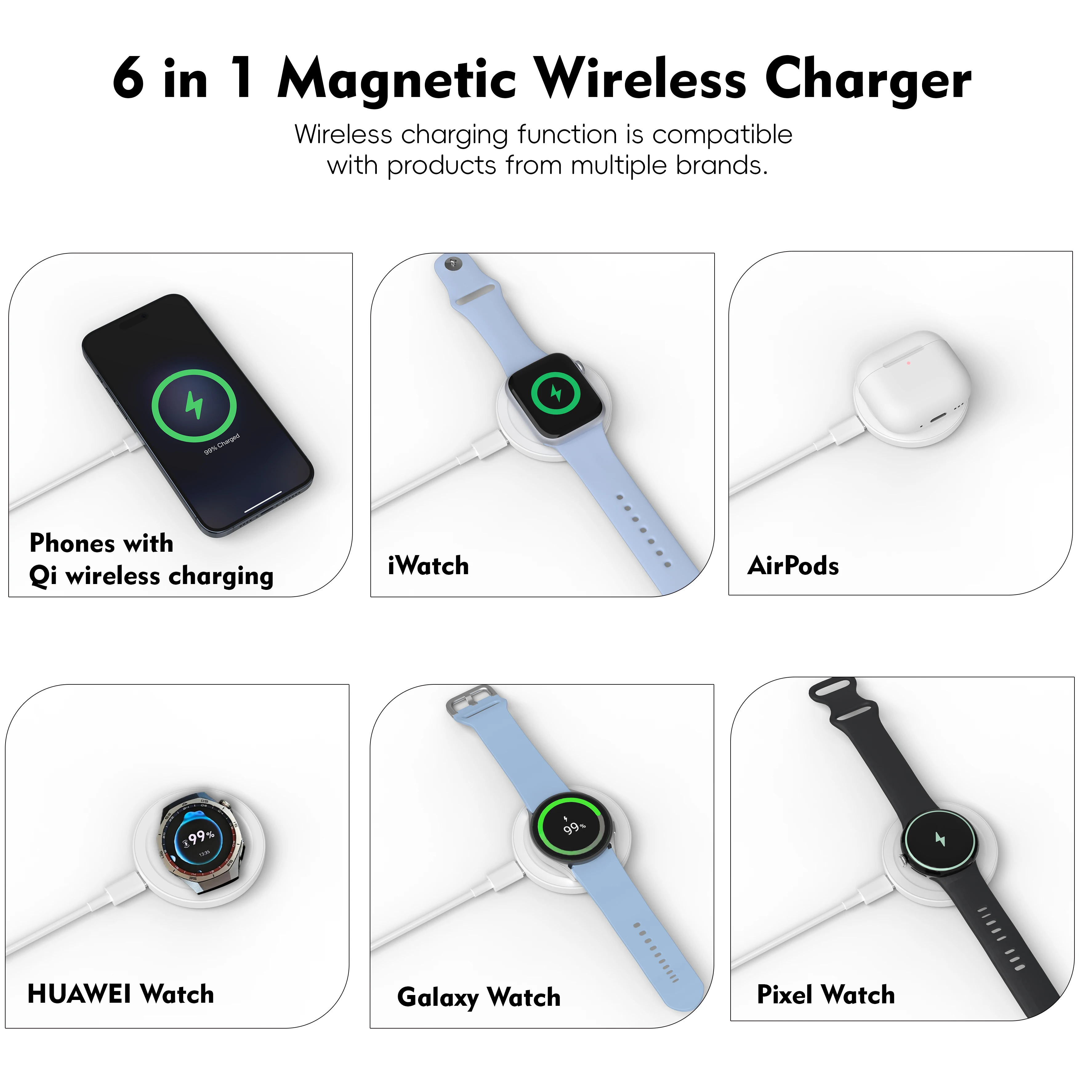 6-in-1 Magnetic Wireless Charger,for iPhone iWatch AirPods Galaxy Watch HUAWEI Watch Pixel Watch 1st 15W Fast Charger with Stand