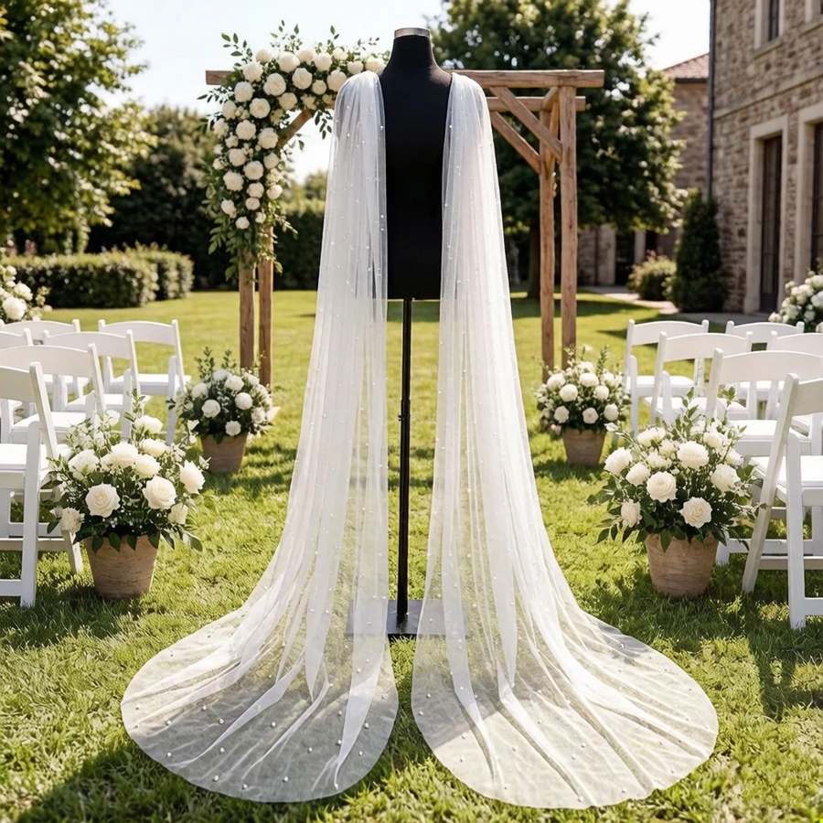 Elegant Bridal Wings Veil Pearls Beaded Wedding Veil Removable Sleeve Bride Shoulders Cover Shawl Bride Accessories Party Bolero