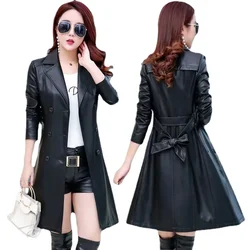 Top Compound lambskin leather jacket lady Free wash PU women clothing trench Long faux fur coat streetwear casaca para mujer