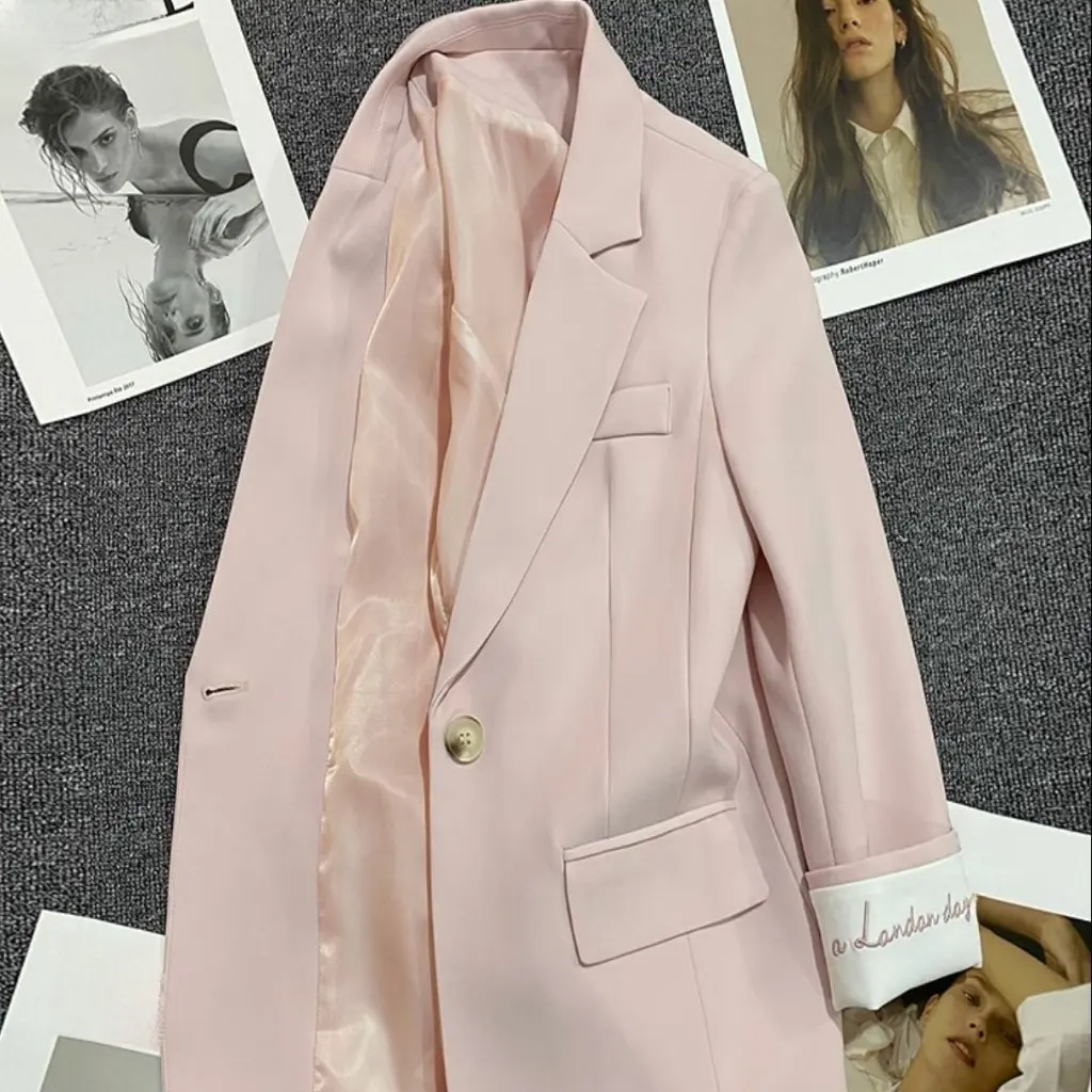 Dames lichtroze geborduurd colbert Koreaanse stijl mode één knop trendy kleine heren lente herfst nieuw