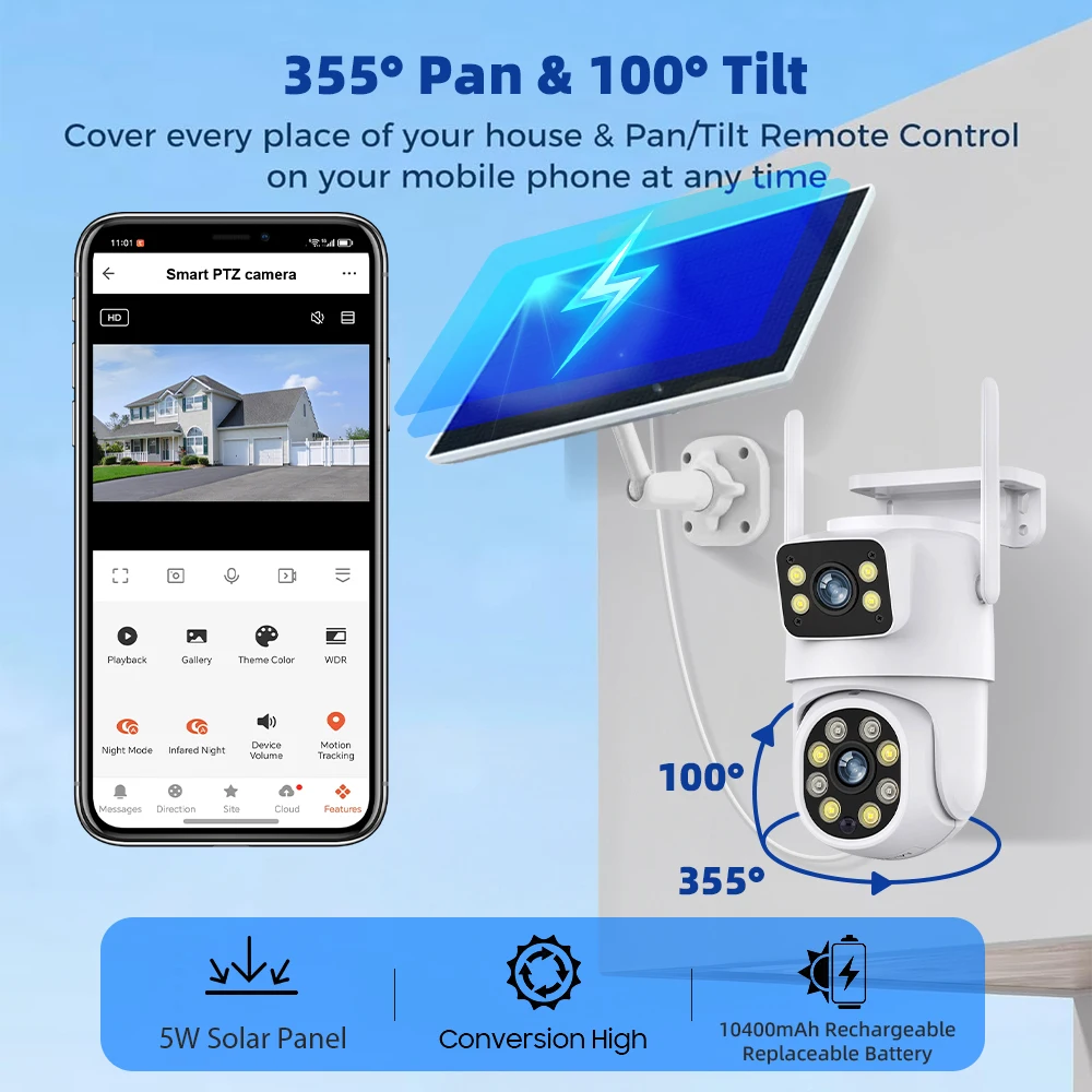 Tuya 4MP Battery Solar Dual Lens Screen WiFi Motion Tracking PTZ Surveillance Color Night Vision Security CCTV Outdoor IP Camera