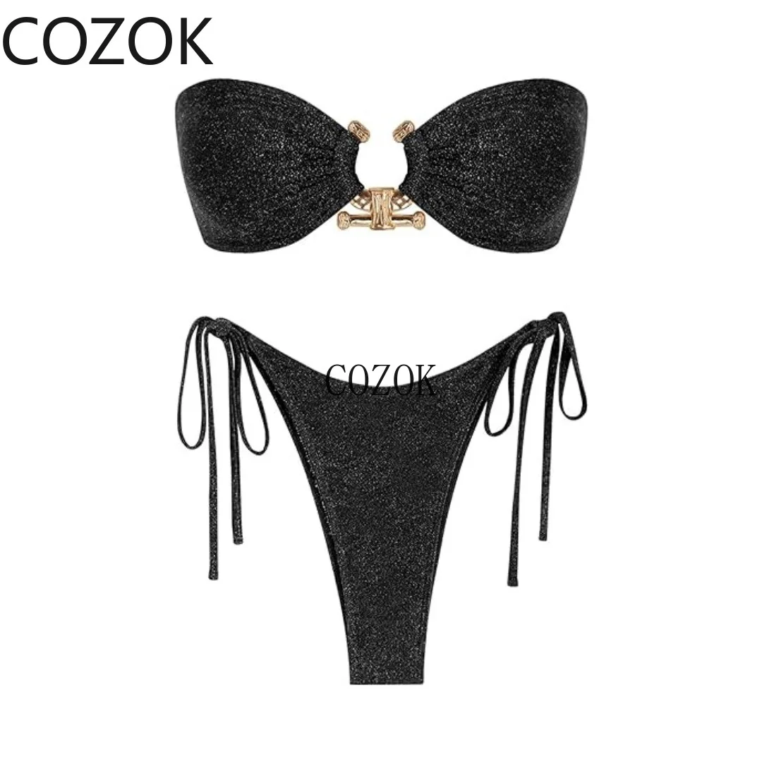 2024 Solid O Ring Swimsuit for Women Tie Side Shiny Metal Hardware Ring Bandeau Bikini Swimwear Padded  Bra Top Low Waisted