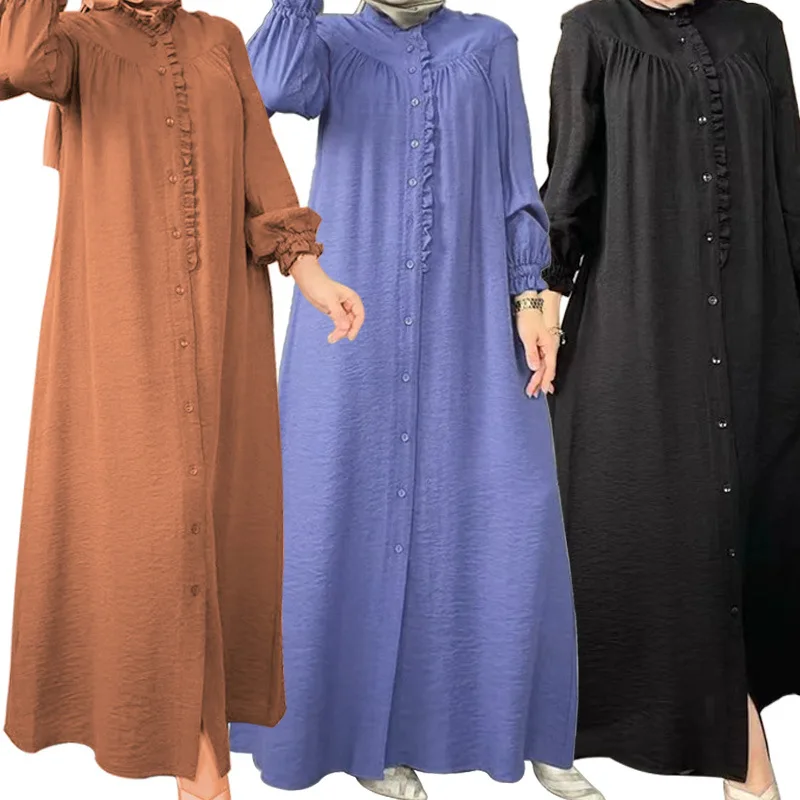 Ramadam Open Abayas For Women Evening Party Dress Morocco Robe Solid Color Puff Sleeve Pockets Clothing Kaftan Summer Winter