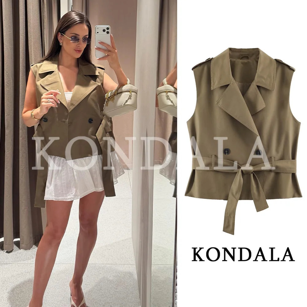 KONDALA Women Commute High Street Belt Vest Double-Breasted Sleeveless Jacket Vest 2026 Summer Trendy Elegant Leisure Lady Vest