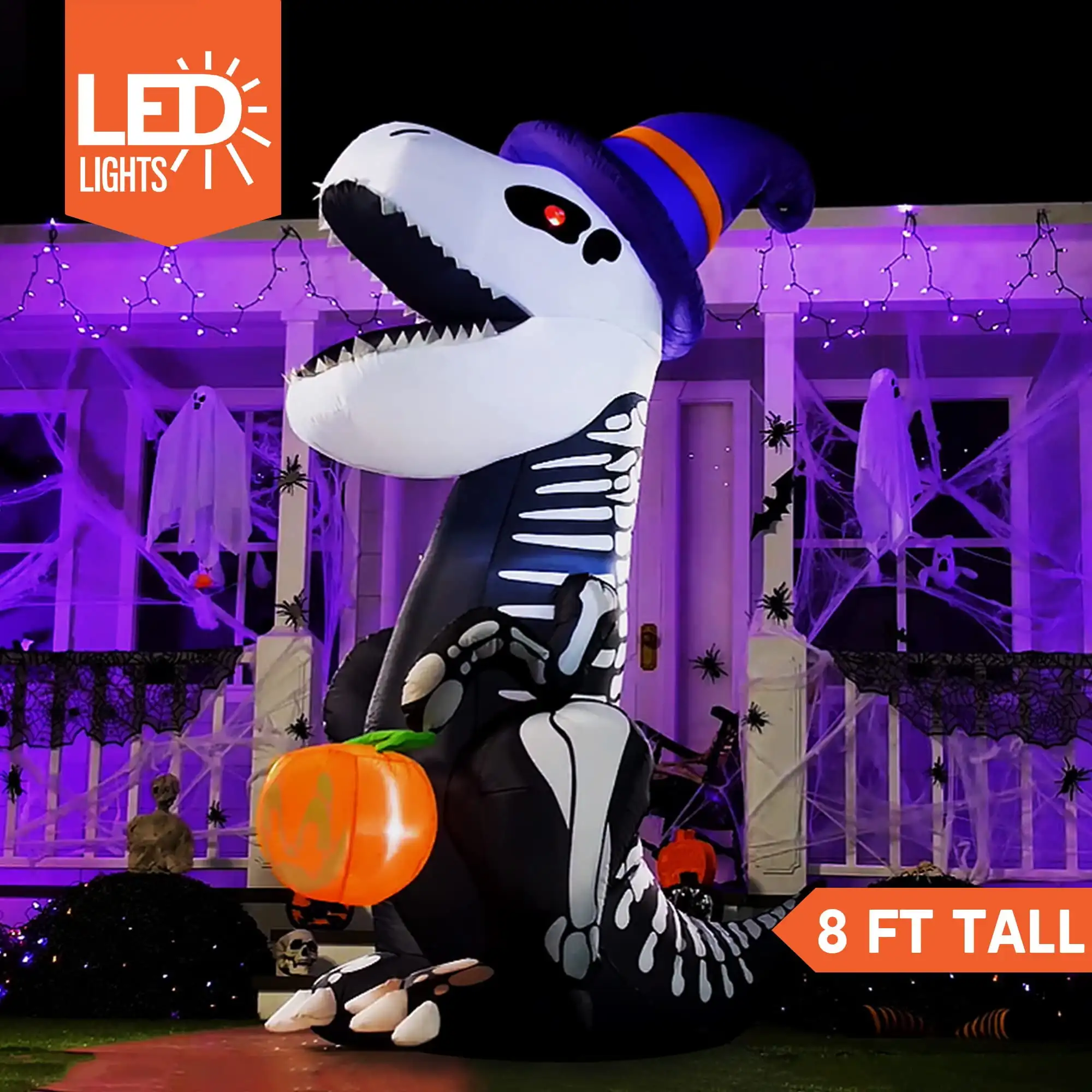 Joyfy Dinosaurio esqueleto inflable de Halloween de 8 pies con LED incorporados, calabaza para Halloween, decoraciones de patio inflables al aire libre