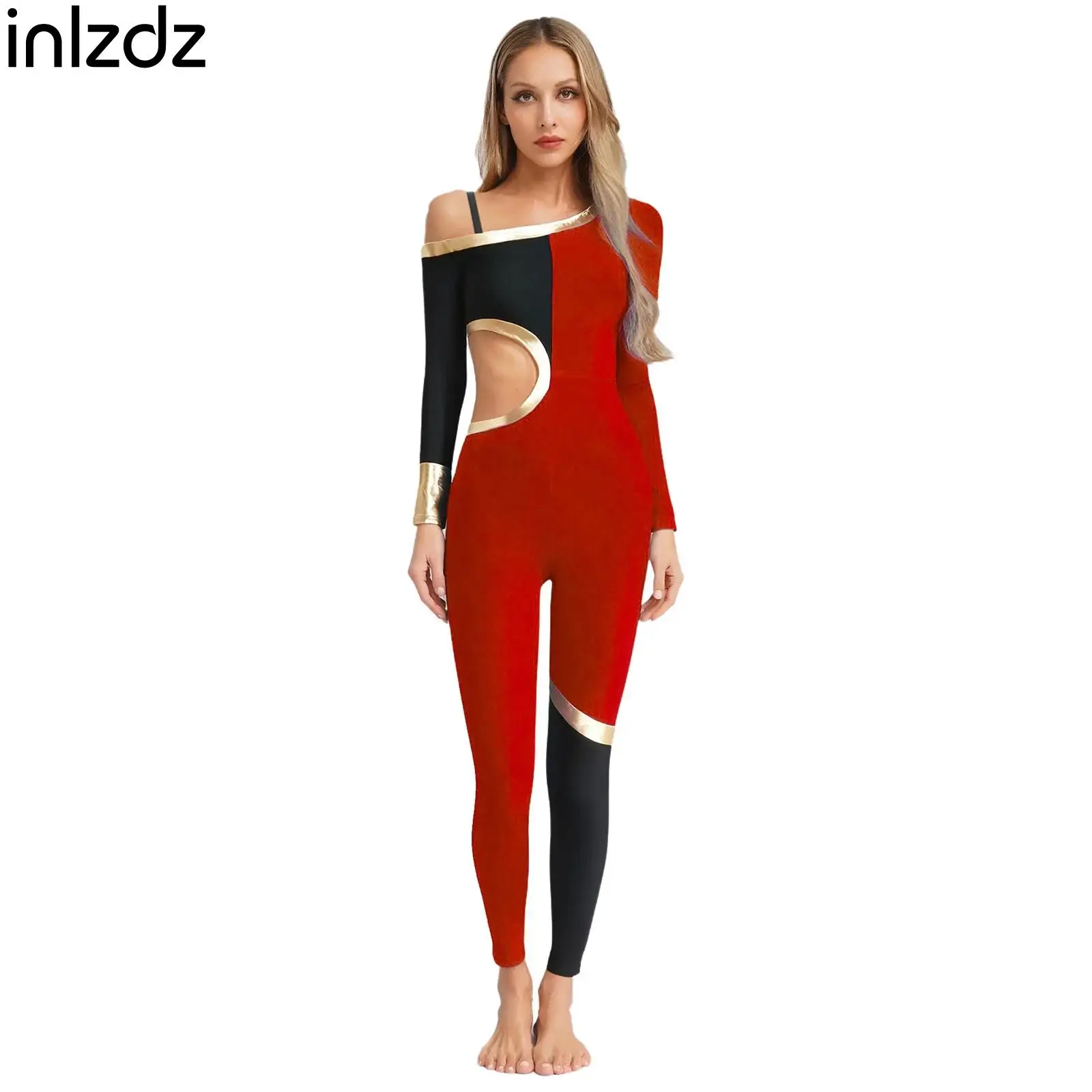 

Womens Figure Skating Costume One Piece Unitard Long Sleeve Waist Cut Out Design Jumpsuits Yoga Ballet Gymnastics Dance Costume