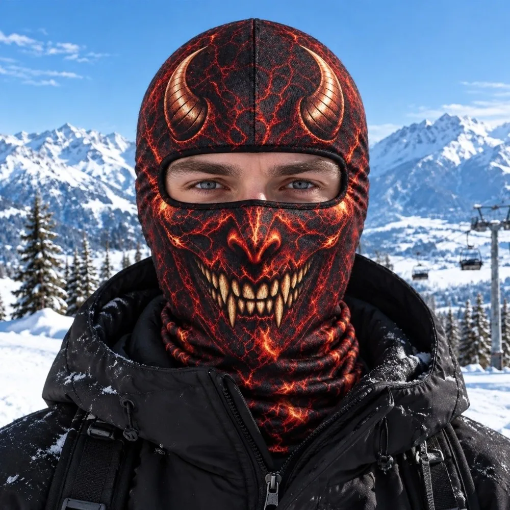 3D Printed Skull Demon Print Funny Ski Mask Breathable Eye Hole Full Coverage Ski Mask Hood Quick Dry Sweat Absorbent