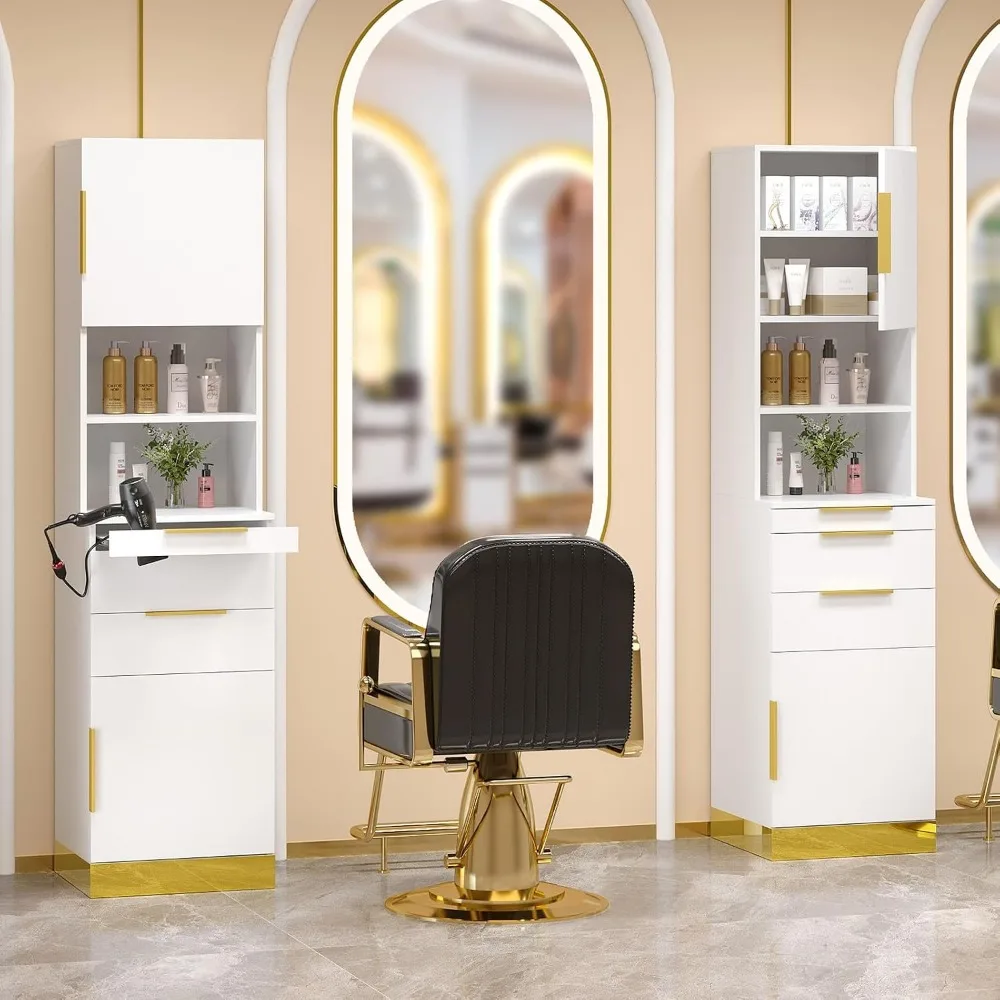 Salon Station with Stainless Steel Finish, Storage Cabinet with Drawers & Dryer Holders, White