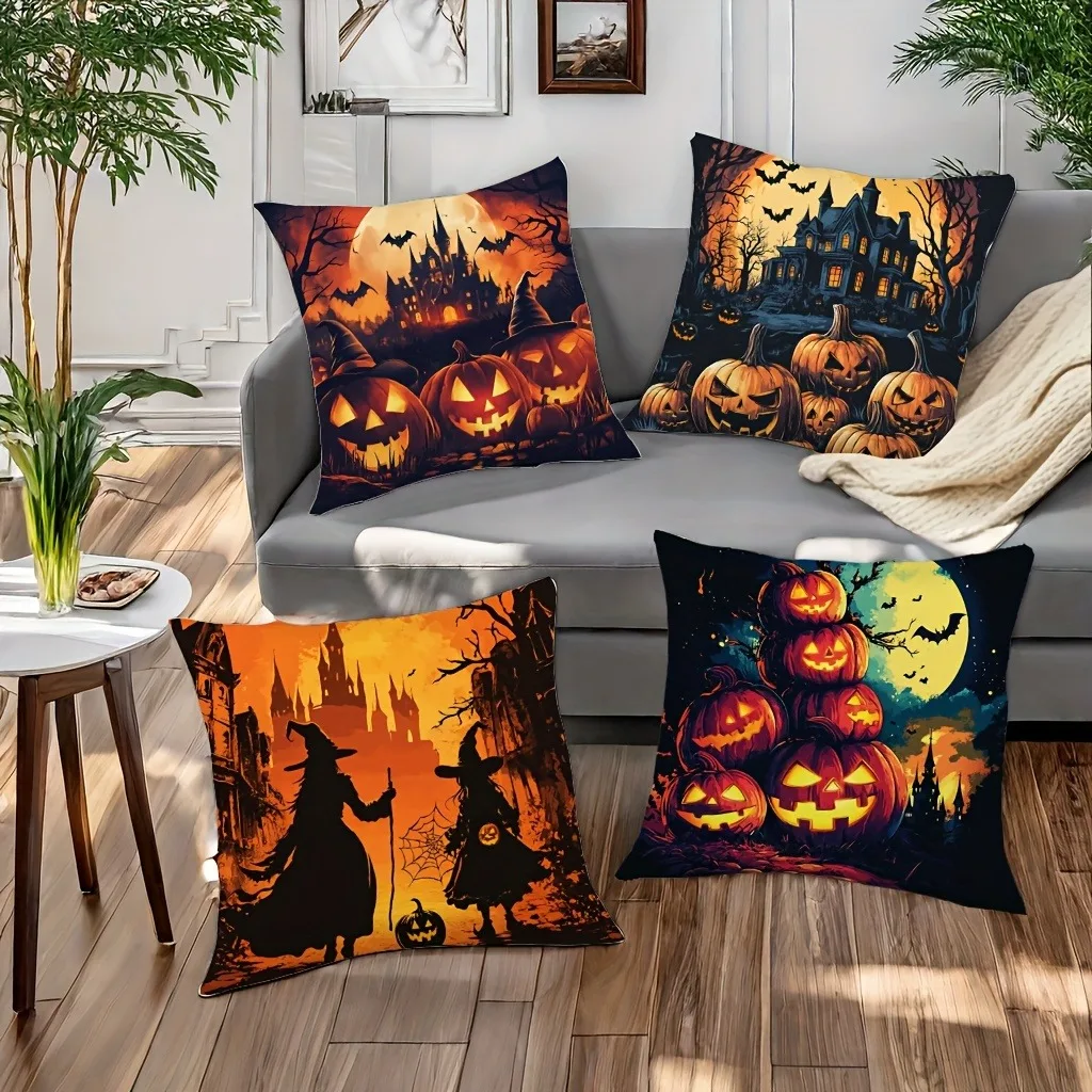 Halloween Themed Pillow Covers: Spooky Castle, Pumpkins, Witches & Moon Designs for Festive Decor Sofa cushion cover