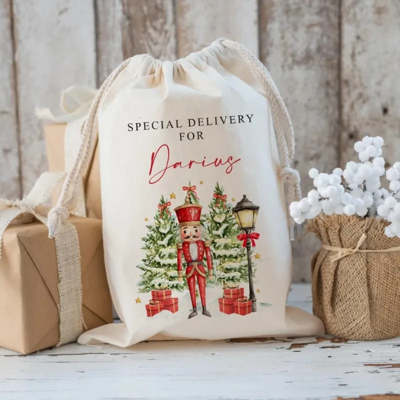 

Personalised Custom Christmas Sack Boy Girl Xmas Toy Santa Stocking Nutcracker Soldier Ballet Dancer Holiday Present Gift Bag