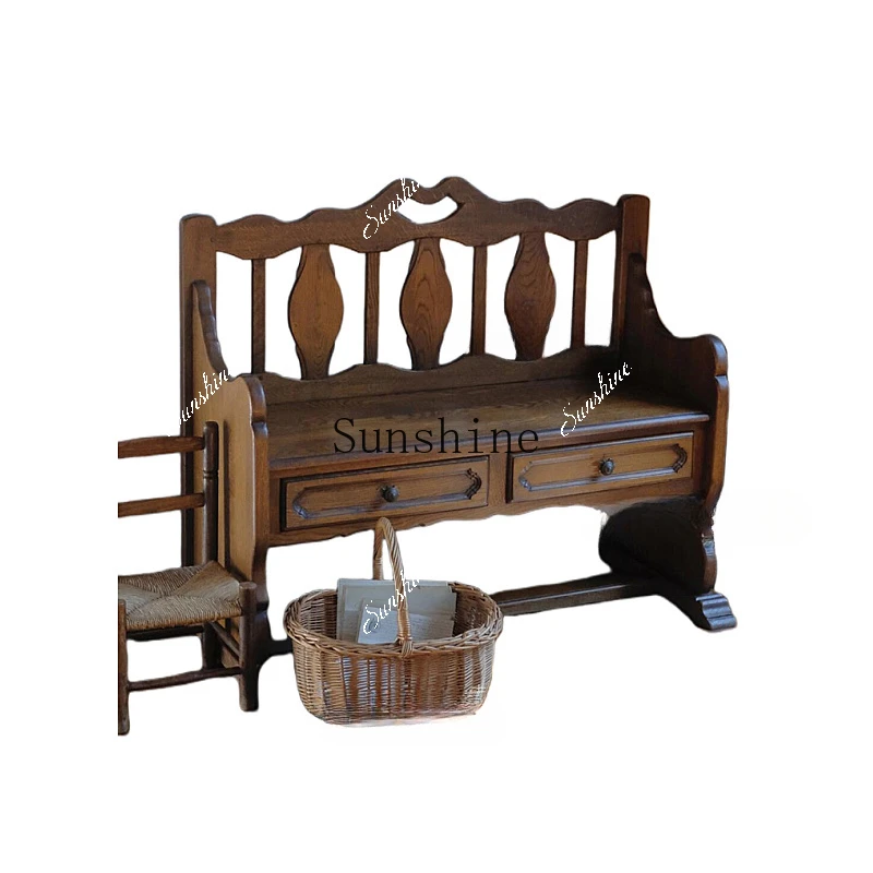 Solid wood double sofa storage hollowed out retro photography cafe bench shoe changing stool chair  FT