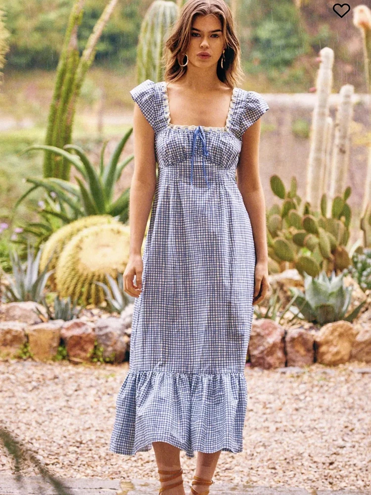 Gypsylady Vintage Plaid Print Maxi Dress Women Summer Vocation Boho Bohemian Ladies Beach Long Tiered Blue Dresses Vestidos New