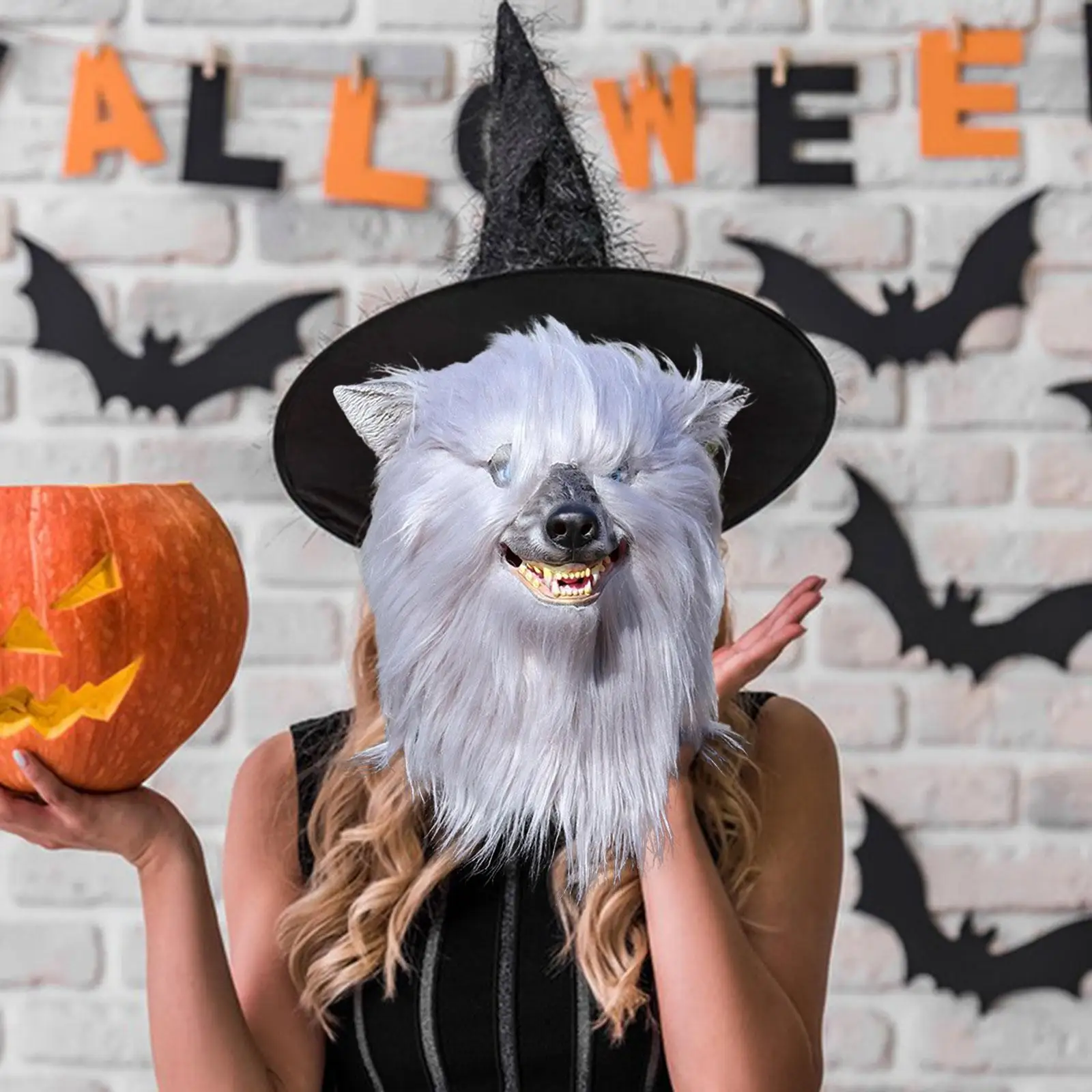 

Wolf Head Mask with Glowing Blue Eyes Realistic Furry Costume Headgear for Cosplay Halloween Night Club 3D Animal for Adults