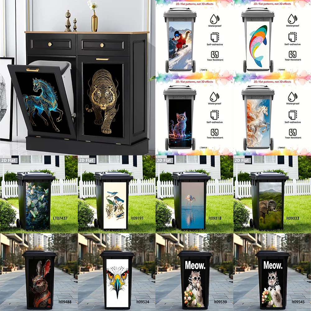 Glowing Neon Dragon Turtle Horse Trash Can Sticker, Fantasy Animal Design Waterproof Outdoor Garbage Bin Mural Decor