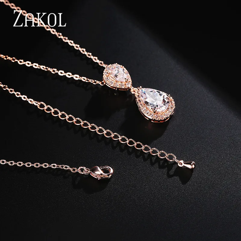 ZAKOL Trendy Water Drop Cubic Zircon Pendants Necklaces for Women Bridal Party Wedding Jewelry