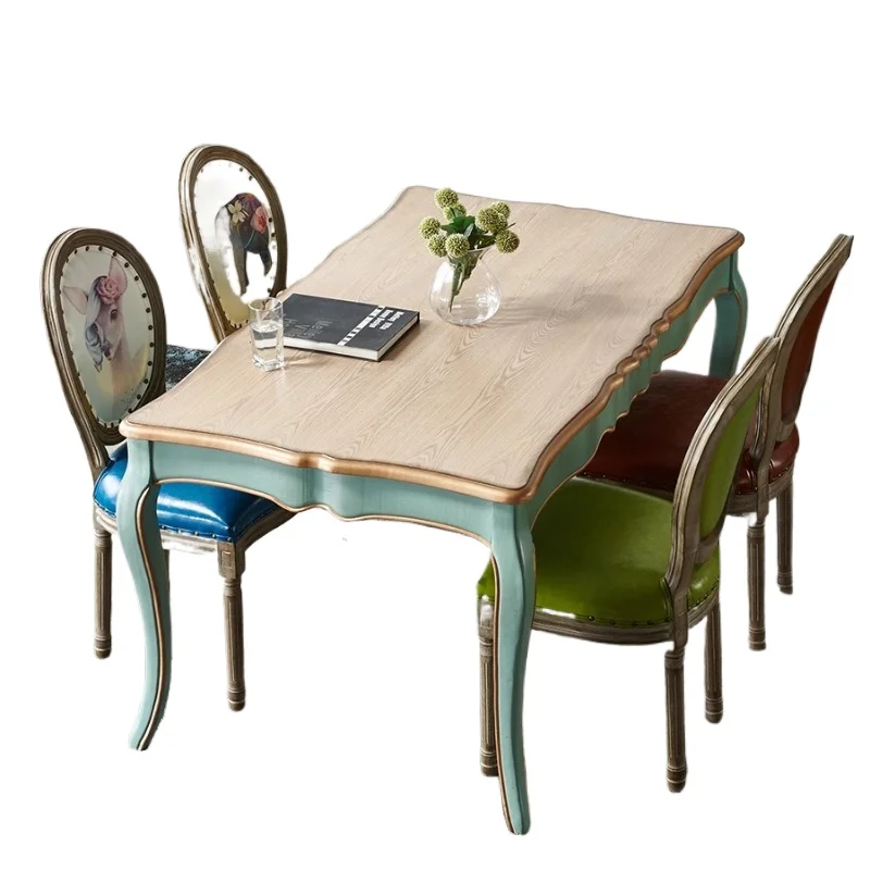 

American solid wood dining table and chair combination, retro Mediterranean dining table, simple household