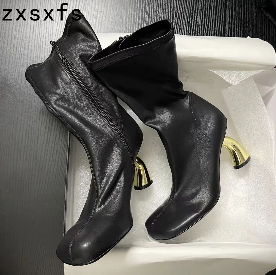 

Autumn Real Leather Mid Calf Boots Women Strange Heel Party Shoes Ladies High Heel Short Modern Boots Classic Botas Mujer 2024