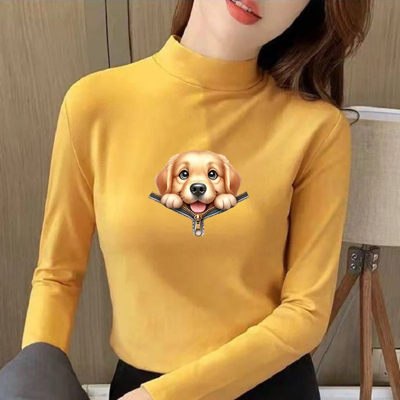 2026 New Autumn Winter Thermal Brushed Fleece Long Sleeve Graphic Print T shirt Blouses Female Warm Shirt Women Top