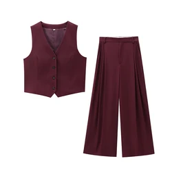 TRAF Pleated Wide Leg Pants Sets 2 Pieces Women Fashion Slim Short Vests Tops Women's Suit Two Piece Set Women Outfit