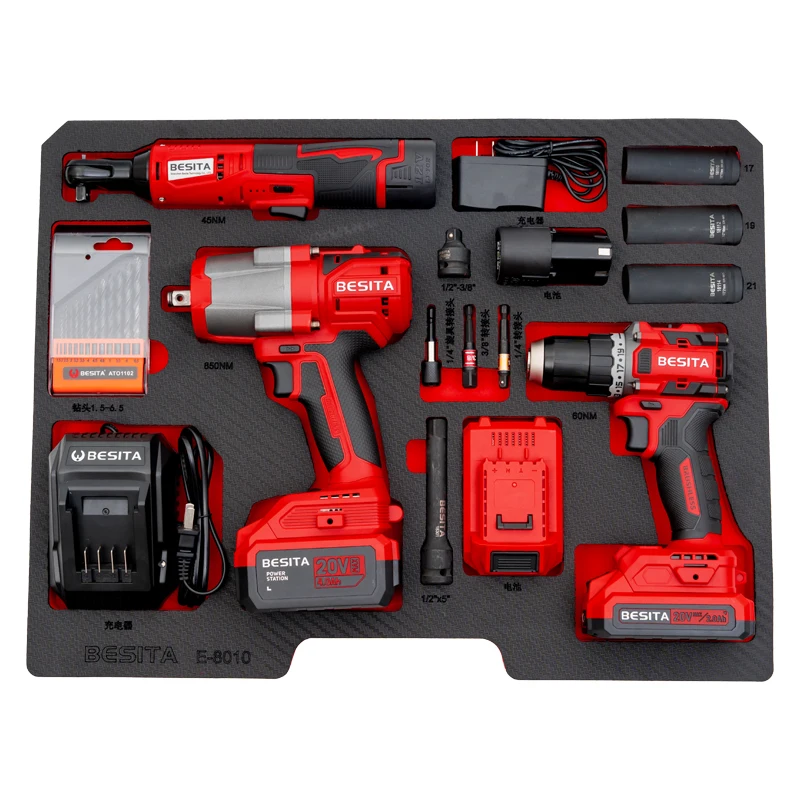 

Hot Selling Mechanical Auto Repair Electric Drill Impact Wrench Ratchet Wrench Three-in-one Brushless Lithium Battery Tool Set