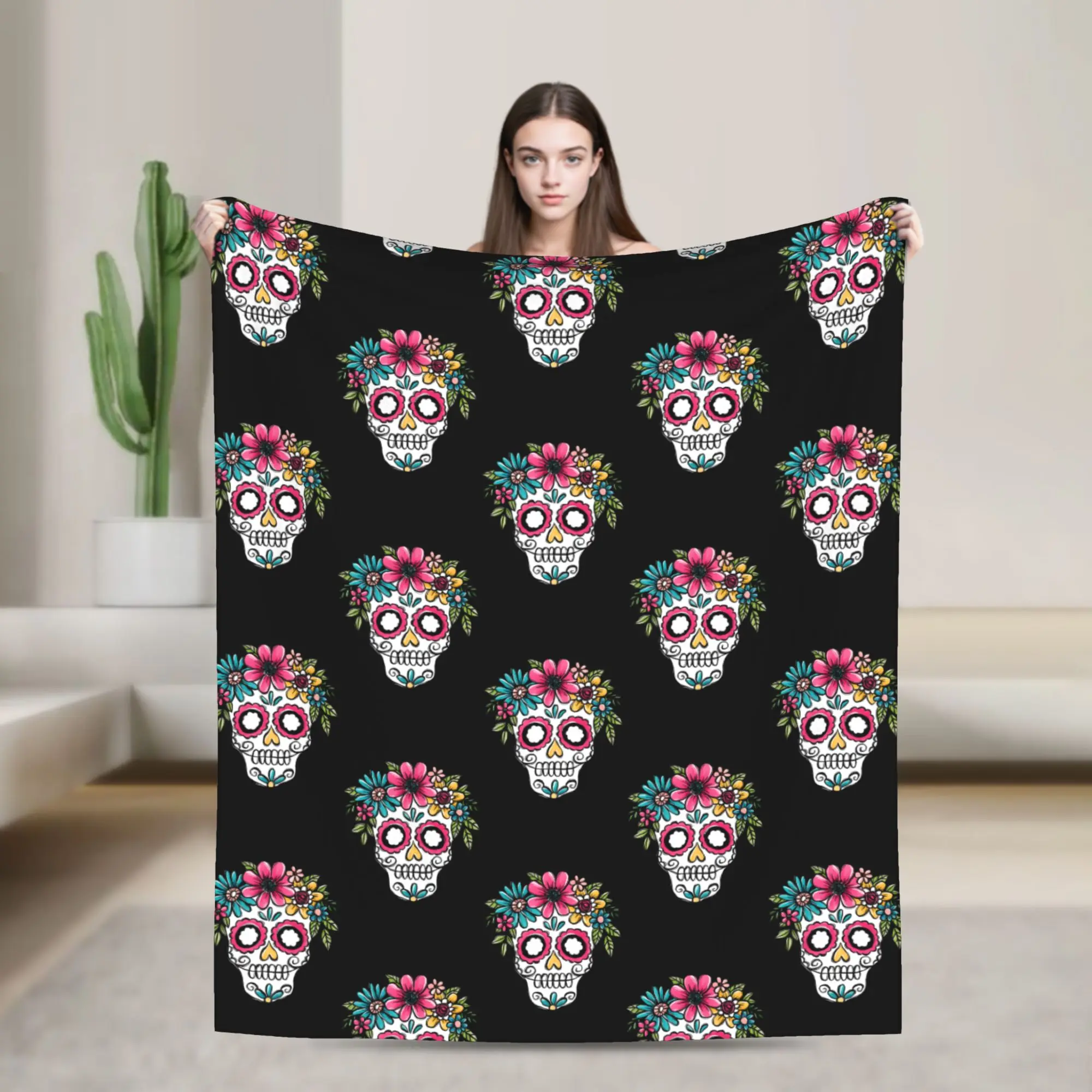 Sugar Skull Floral Blanket Flannel Spring Autumn Halloween Horror Skeleton Breathable Warm Throw Blanket for Bed Car Bedspread