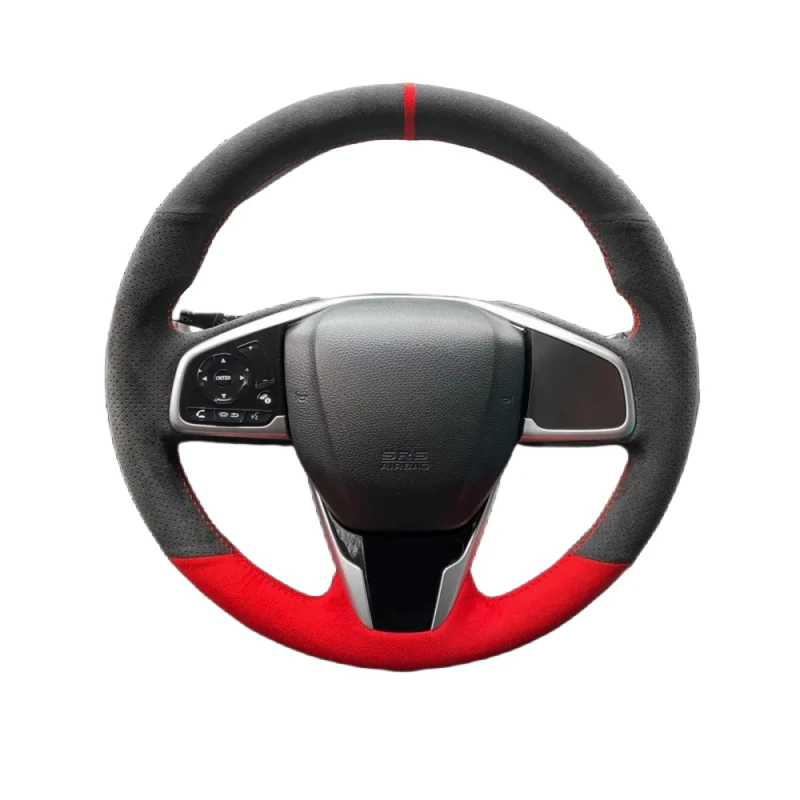 For Honda Civic Civic 10 2016-2021 CRV CR-V 2017-2021 Clarity 2016 Hand-Stitched Black Suede Red Suede Car Steering Wheel Cover