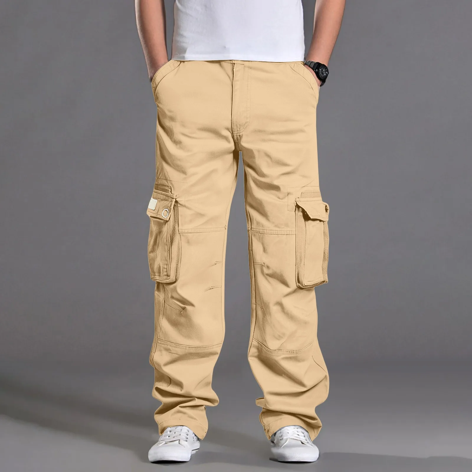 Fashion Retro Cargo Pant Men Solid Color Spring Summer Casual Multi-pocket Waist Drawstring Trousers Loose Long Pants