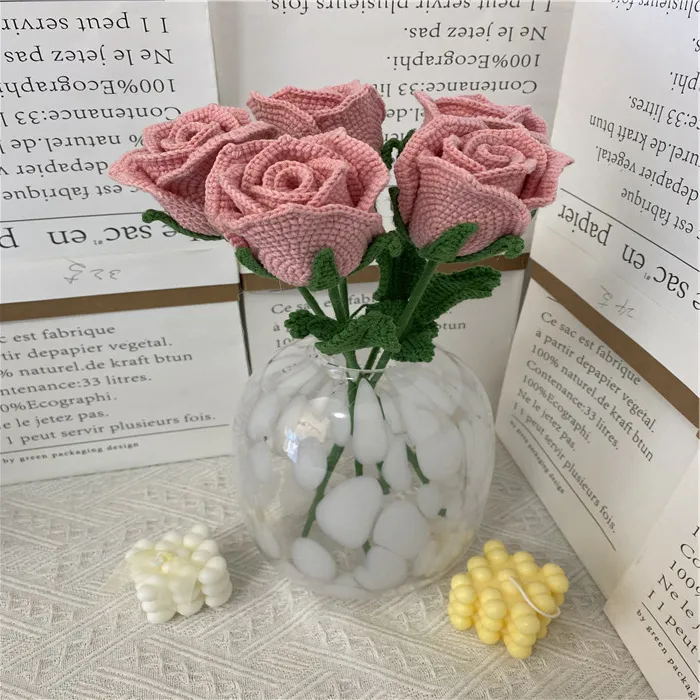 SYNew 40CM Crochet Flowers with Stems Roses with Leaves and Greenery for DIY Wedding Bouquets Centerpieces Home Dedication