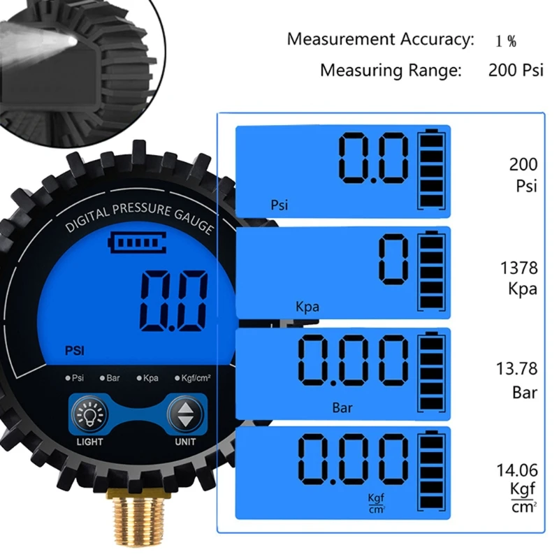 M6CF Dial Size Digital Pressure Gauge 0-200 Kpa Bar kgf cm² M11 Screw Thread Lower Mount Powered Guage