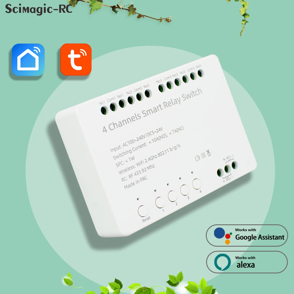 

4-полосный Tuya Wi-Fi + RF433 Управление Умный релейный переключатель AC 100-240 В постоянного тока 5-24 В, голос, синхронизация, функция включения/выключения одним касанием