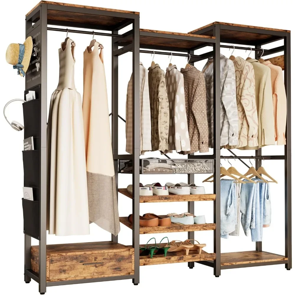 

Clothes Rack with 3 tier Shelves for Shoes & 2 Drawers, Heavy Duty Garment Rack with Hanging Rods,Closet Organizers and Storage