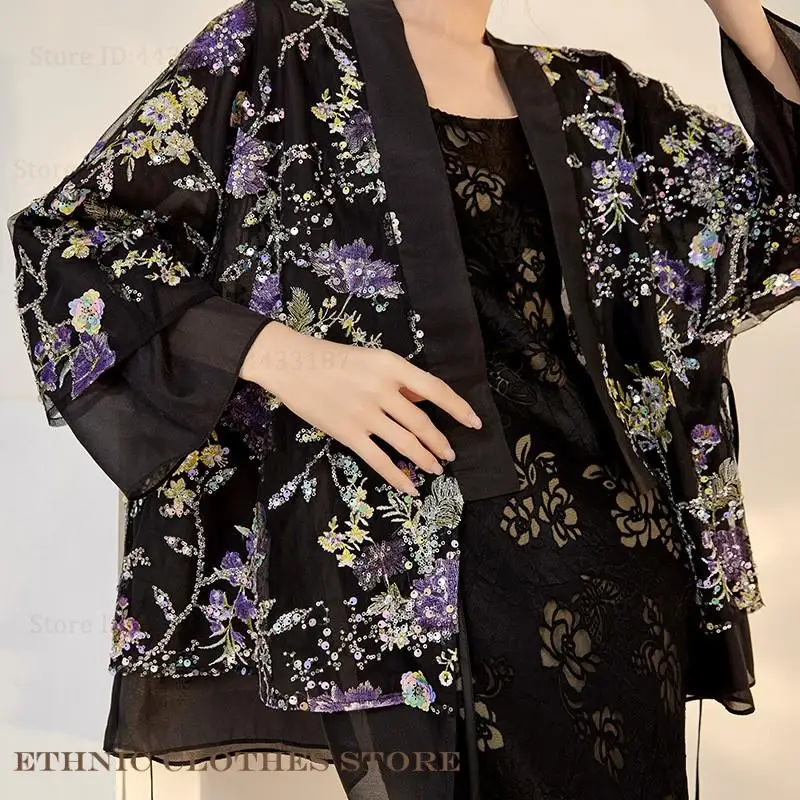 

Японский женский кардиган, кимоно Haori Yukata, топ, роскошное модное сетчатое пальто с блестками, уличная одежда, изысканная китайская сатильская куртка, рубашка