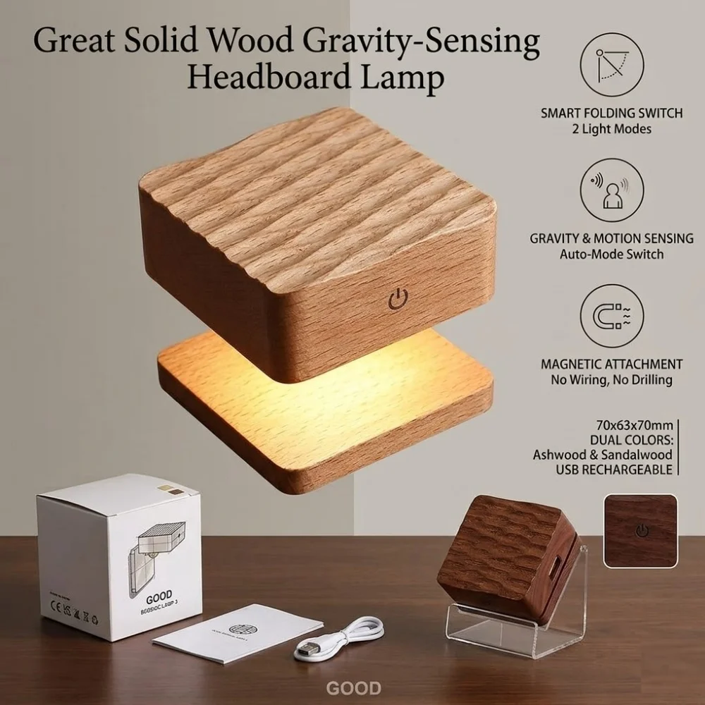Solid Wood LED Wall Lamp Magnetic Gravity Sensing Wireless Rechargeable Night Light for Bedroom Headboard