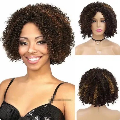 Sintético marrom escuro afro kinky encaracolado peruca com franja para preto feminino curto bombshell perucas natural olhando diário traje festa