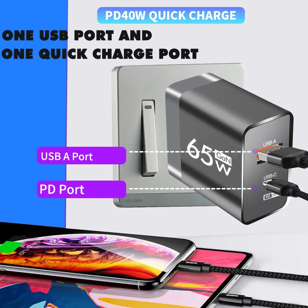 Caricabatterie PD USB GaN da 65W ricarica rapida tipo C adattatore di ricarica rapida per iPhone 14 Pro Xiaomi 13 caricatore per telefono da parete Samgsung Huawei