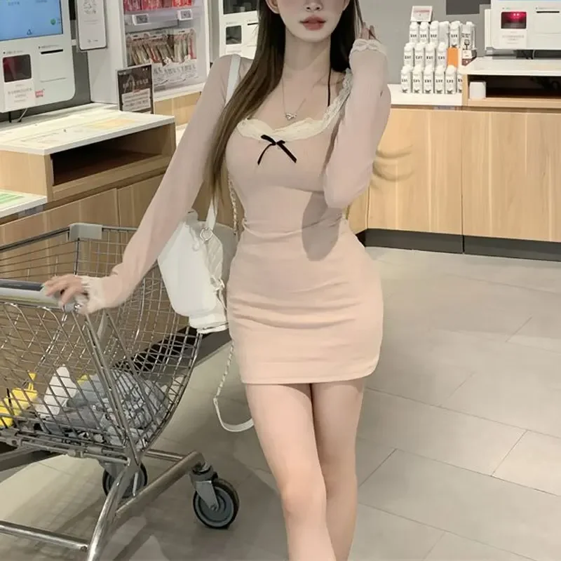 

Hotsweet Lace Spliced Mini Dress Women's Clothing Solid Color Spring Autumn Square Collar Bow Slim Aura Waist Bag Hip Dresses