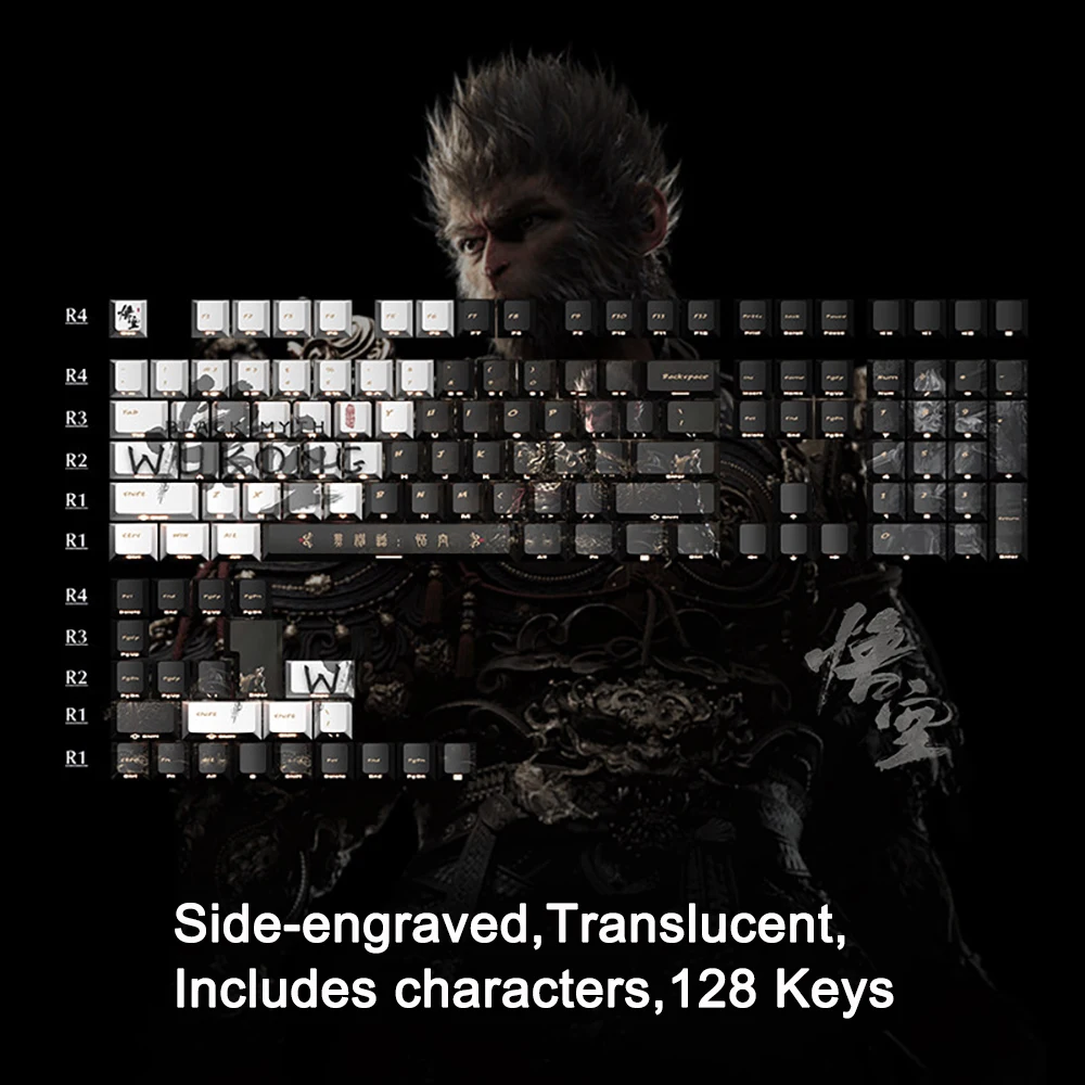 Black Myth: Wukong Theme Keycaps Cherry Profile Side Engraved Translucent Keycaps Anime PBT Five-sided Sublimation Keyboard Caps