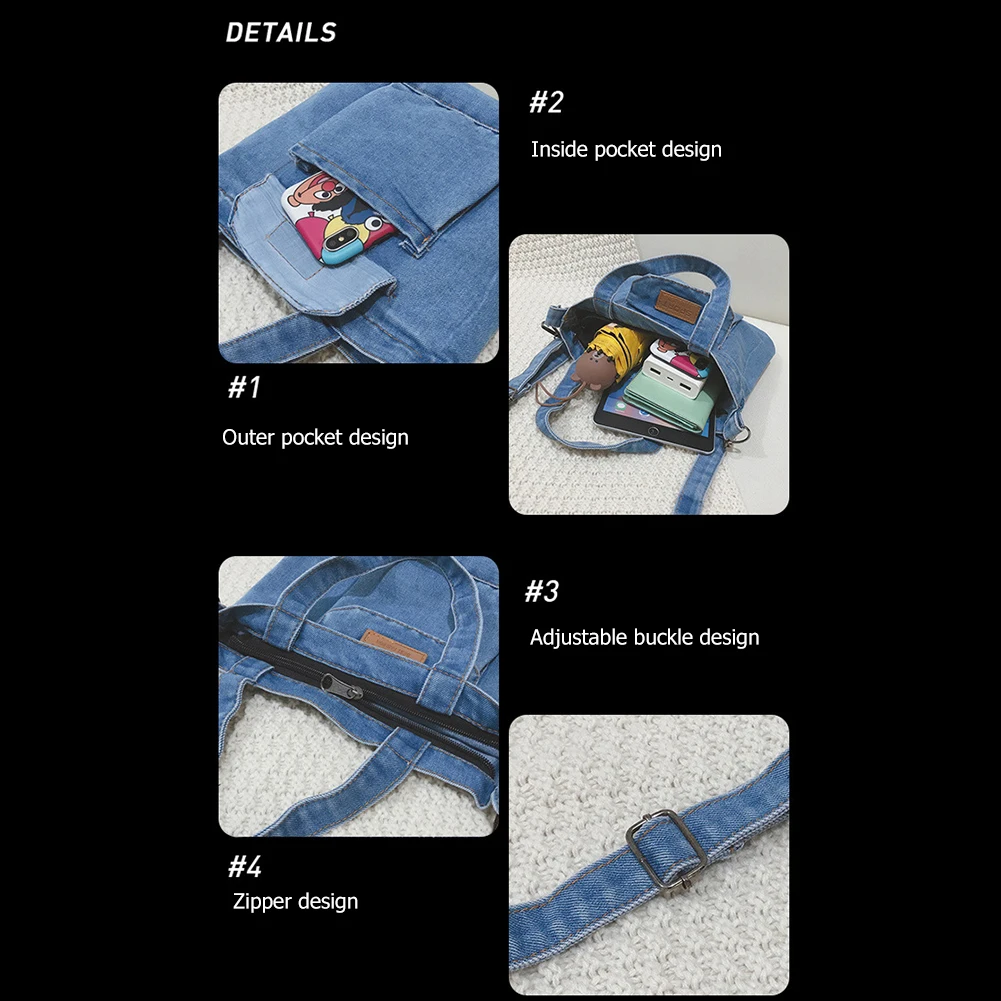 

Women Casual Satchel Bag Denim Stylish Tote Handbag Large Capacity Adjustable Straps Zipper Closure for Beach Shopping School