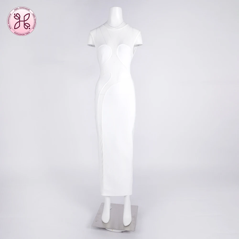 Nieuwe bandage-feestjurk voor dames uit 2025 |   Witte bodycon-jurk met tule inzetstuk |   Rekbare elegante clubkleding