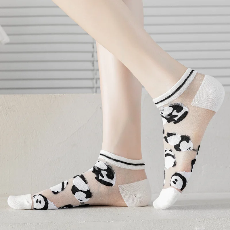 Calcetines informales blancos y negros para mujer, bonitos calcetines de seda con cristales y viñetas de animales, calcetines tobilleros de rejilla