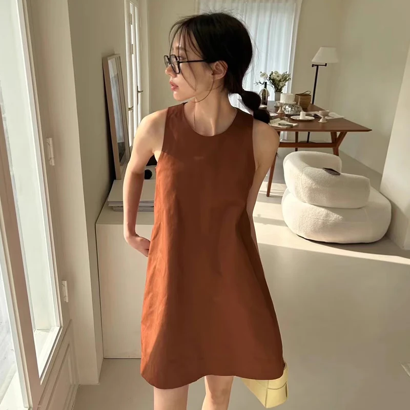 

Chic Summer Casual round Ne Loose Women's Vest Dr Color A-Line Skirt Dr Korean Sle ort Sve Dr