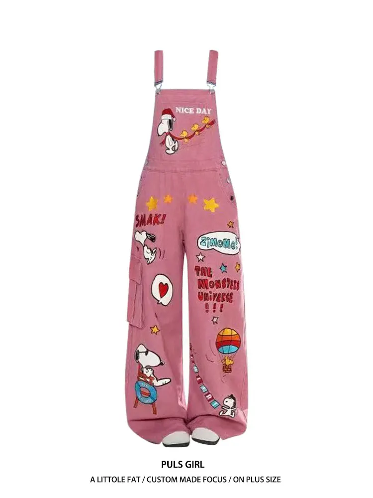 

Large Size American Retro Washed Cartoon Embroidered Denim Overalls Women's Loose Wide Leg Long Pants High Waist Casual Jeans