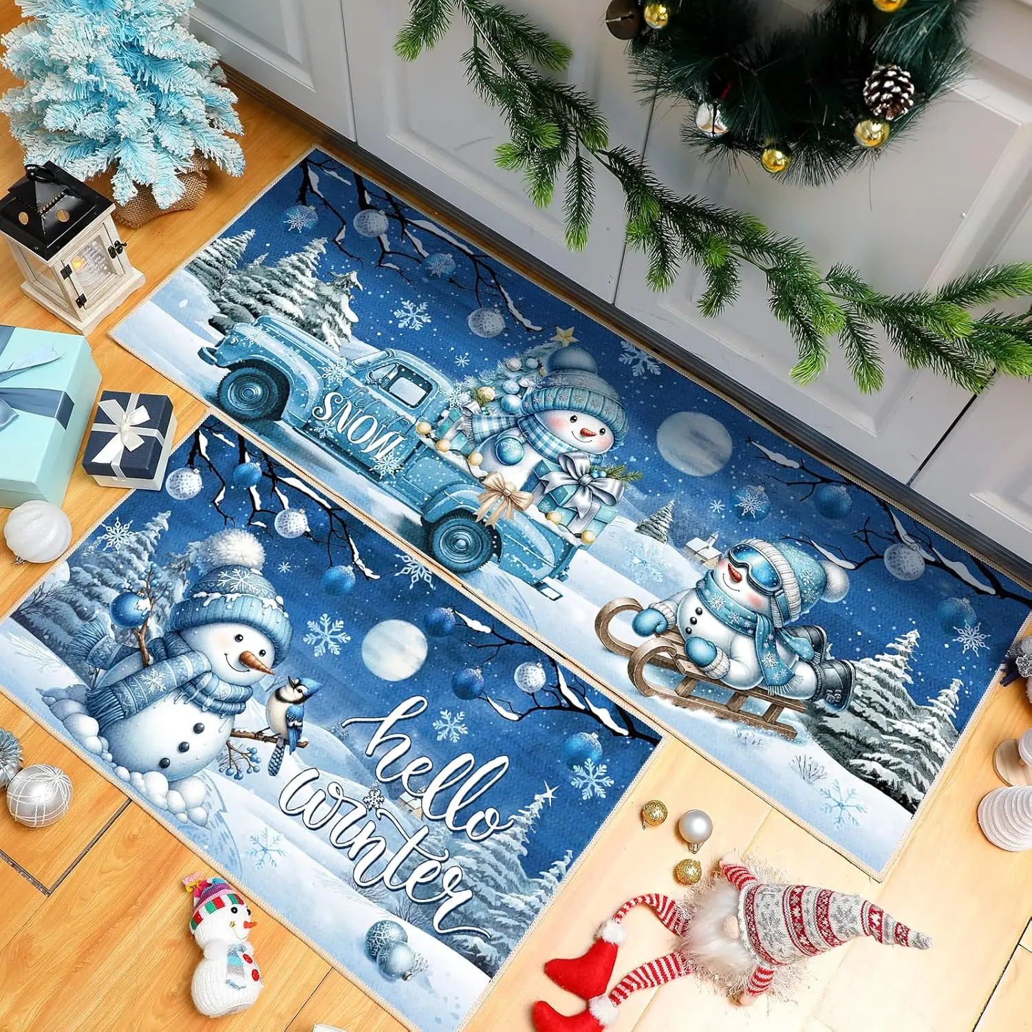 VIKAMA 2-teiliger Weihnachts-Schneemann-Teppich, blaue Weihnachts-Küchenmatte, schöner Badezimmerteppich, rutschfeste Matte, Winter-Urlaubsdekoration