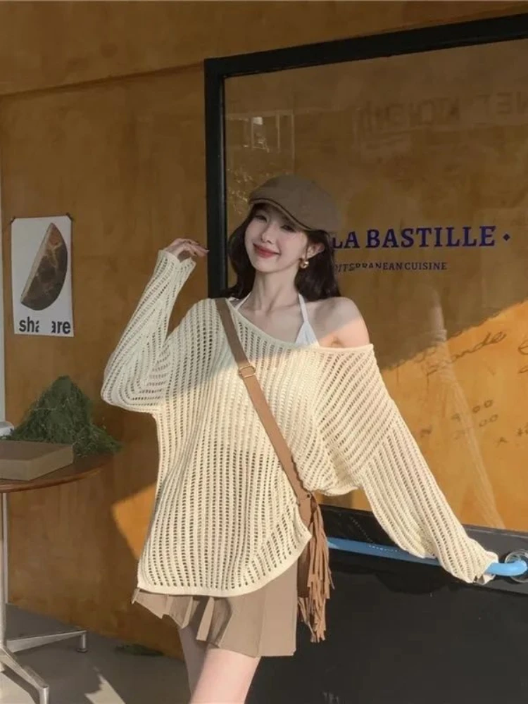 Knitted Pullover Hollow Out O-neck Solid Color Loose Casual Sexy Spring Summer 2024 Korean Fashion T-shirt.