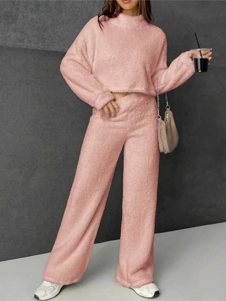 Casual Plush Suit Women Long Sleeve Short Pullovers + High Wiast Wide Leg Pant Two Piece Set Pink Homewear Sets Fashion Outfits