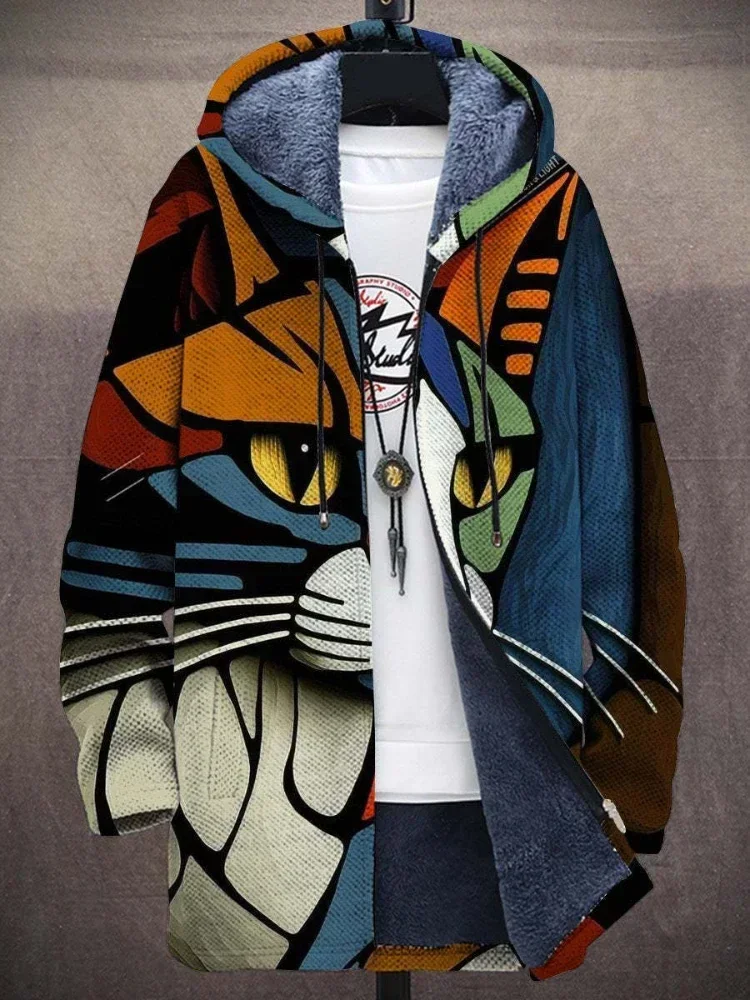 3D Men Cardigans Coats Cozy Art Cats Kitty Graphics Printed Mid Fleece Plush Thick Winter Casual Streetwear Unisex Clothing