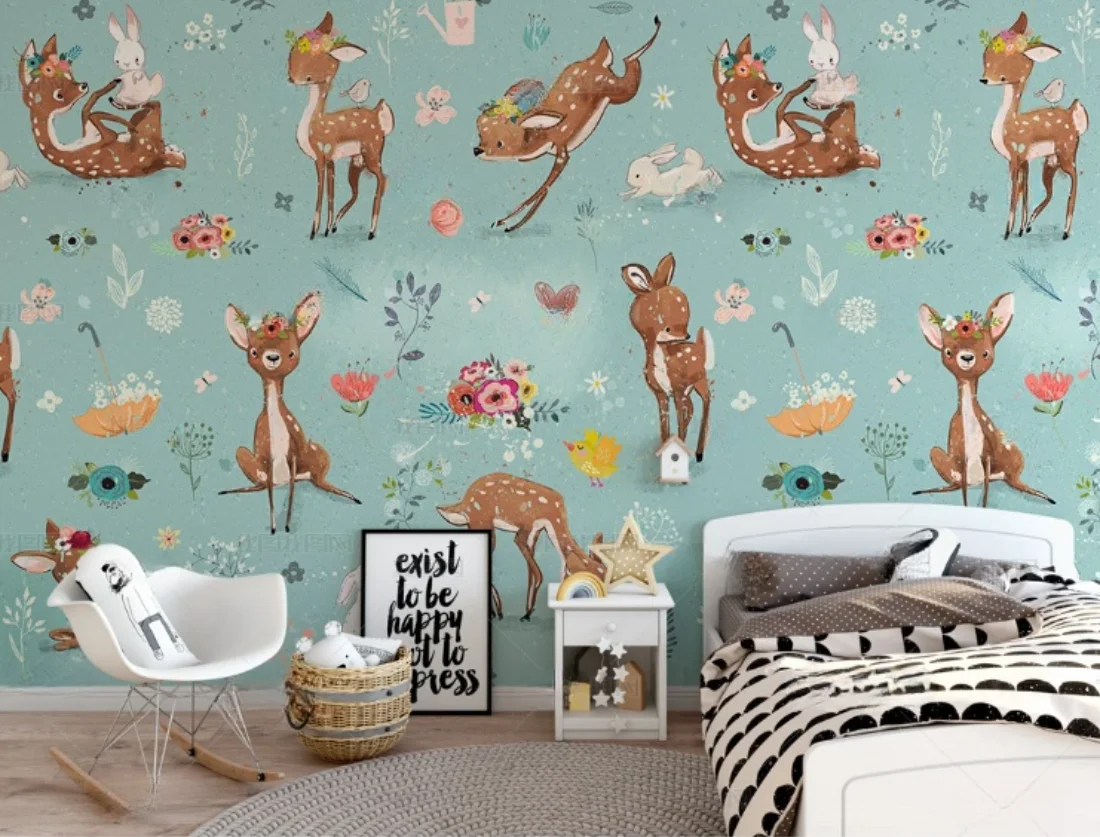 

Настенные обои по индивидуальному заказу, скандинавские современные простые и милые обои с рисунком лося и кролика, детская комната, фон для украшения стен