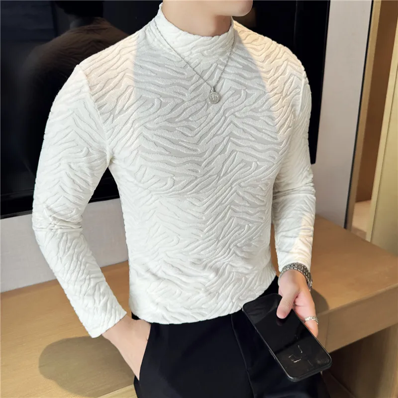 Semi-turtleneck Stretch Slim Fit T Shirt Men Long Sleeve Thicken Velvet Tiger-pattern Bottom T-shirt Business Casual Tshirt